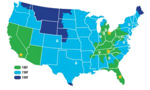 USA Map with three colors - dark blue, light blue and green indicating the number of days for shipping